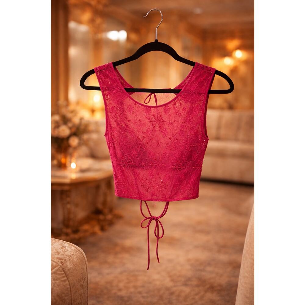 Anthropologie Raspberry Pink Sequin Lace Tie Back Top NWT XL Sheer Coquette Chic
